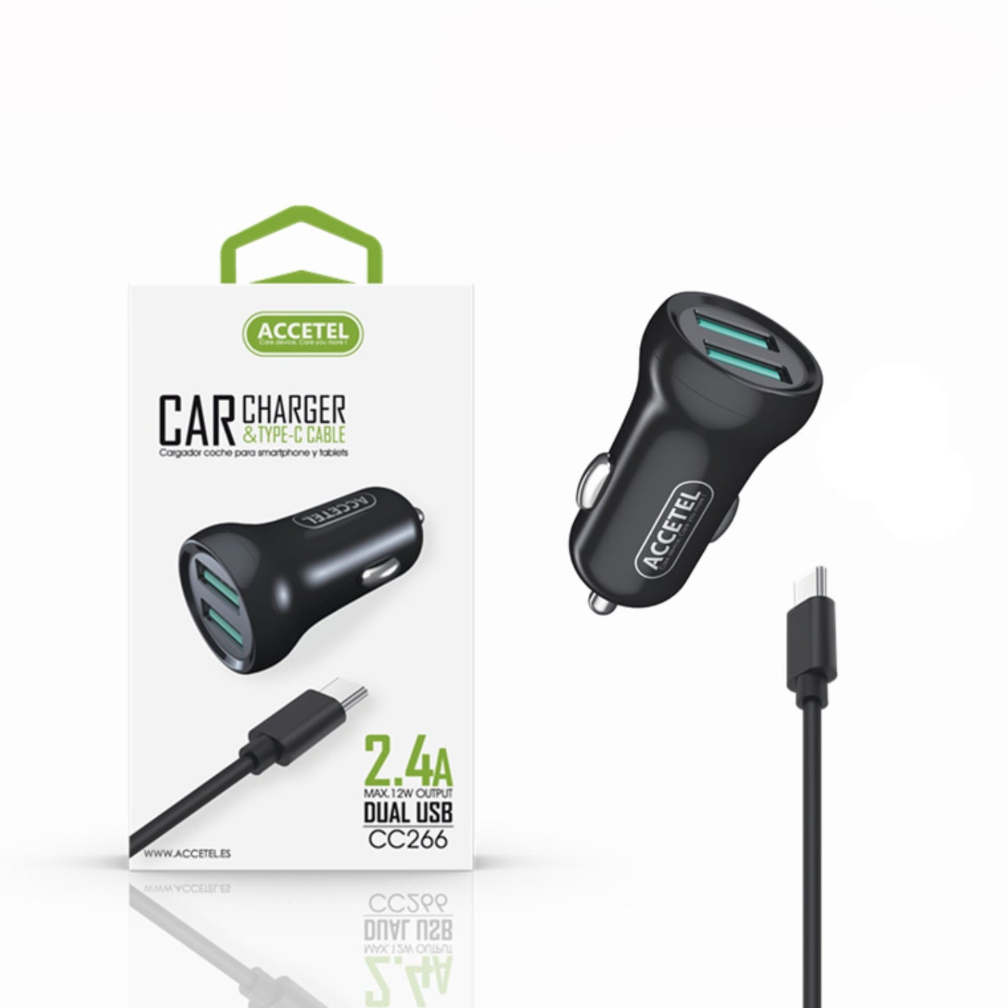 Carregador Carro 2.4A Dupla USB Type-C