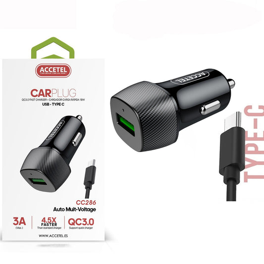 Carregador Carro QC3.0 Uma entrada USB+Type-C