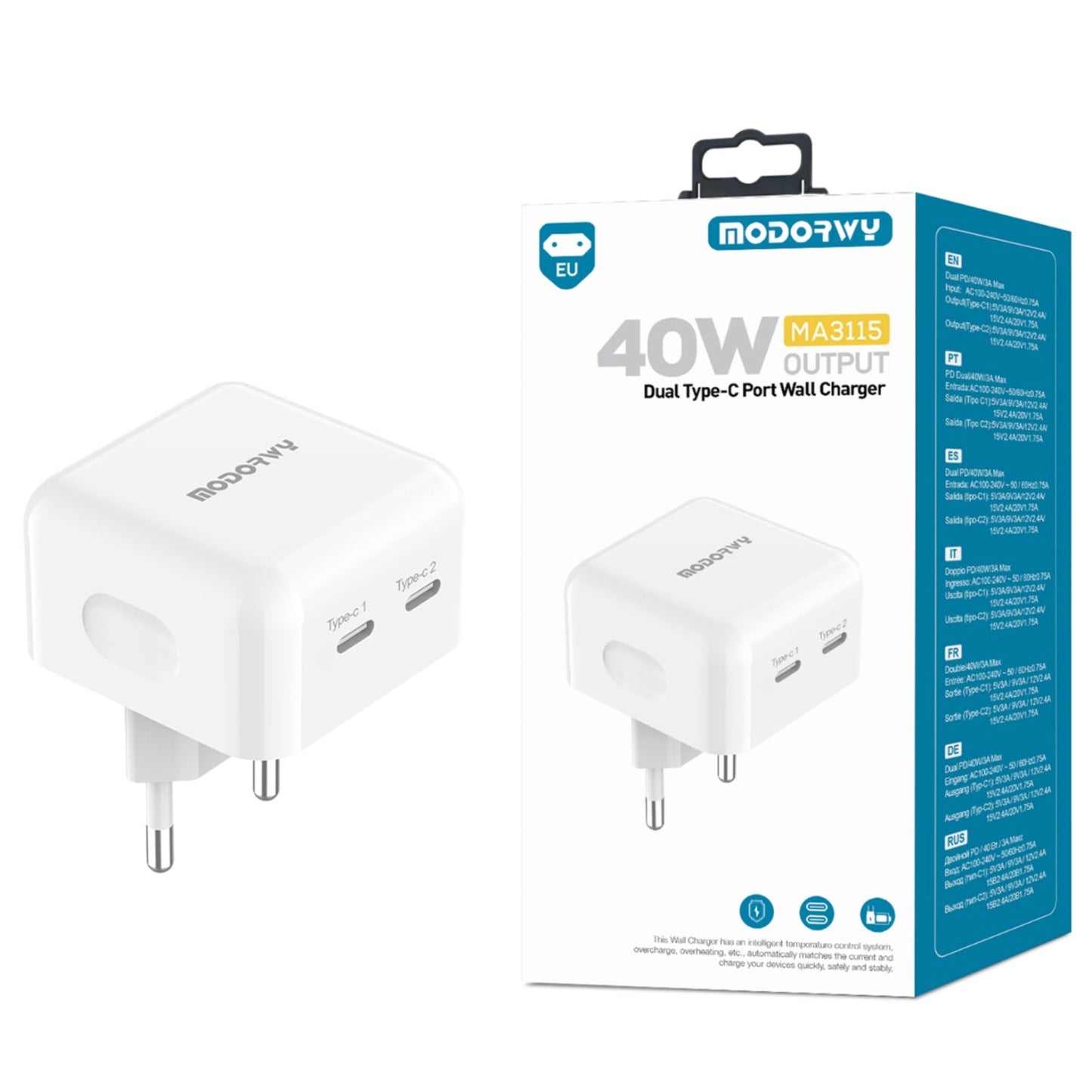 Carregador 40W Dupla entrada de PD Type-C